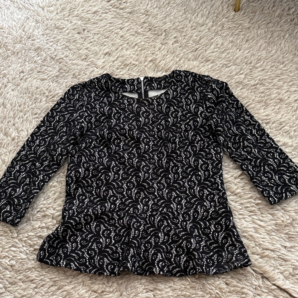 J. Crew Black and White Lace Detail 3/4 Sleeve Peplum Top